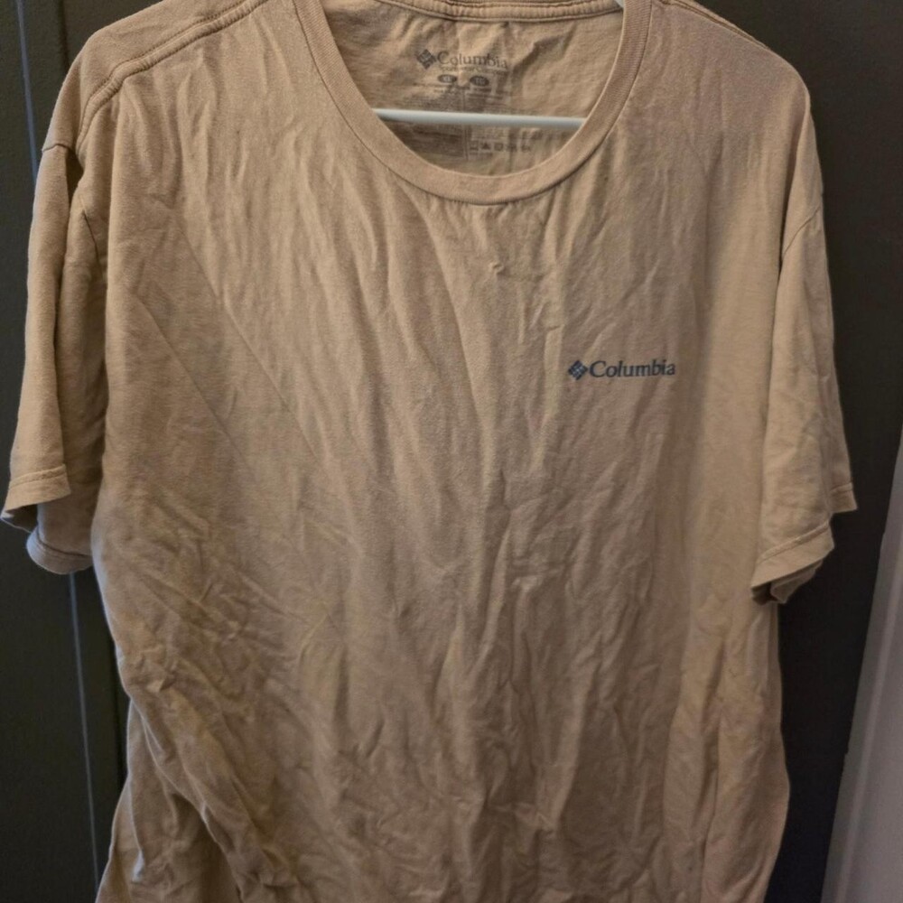 Columbia Sportswear tan & cream t-shirt with graphic of a tent in a mountain lan